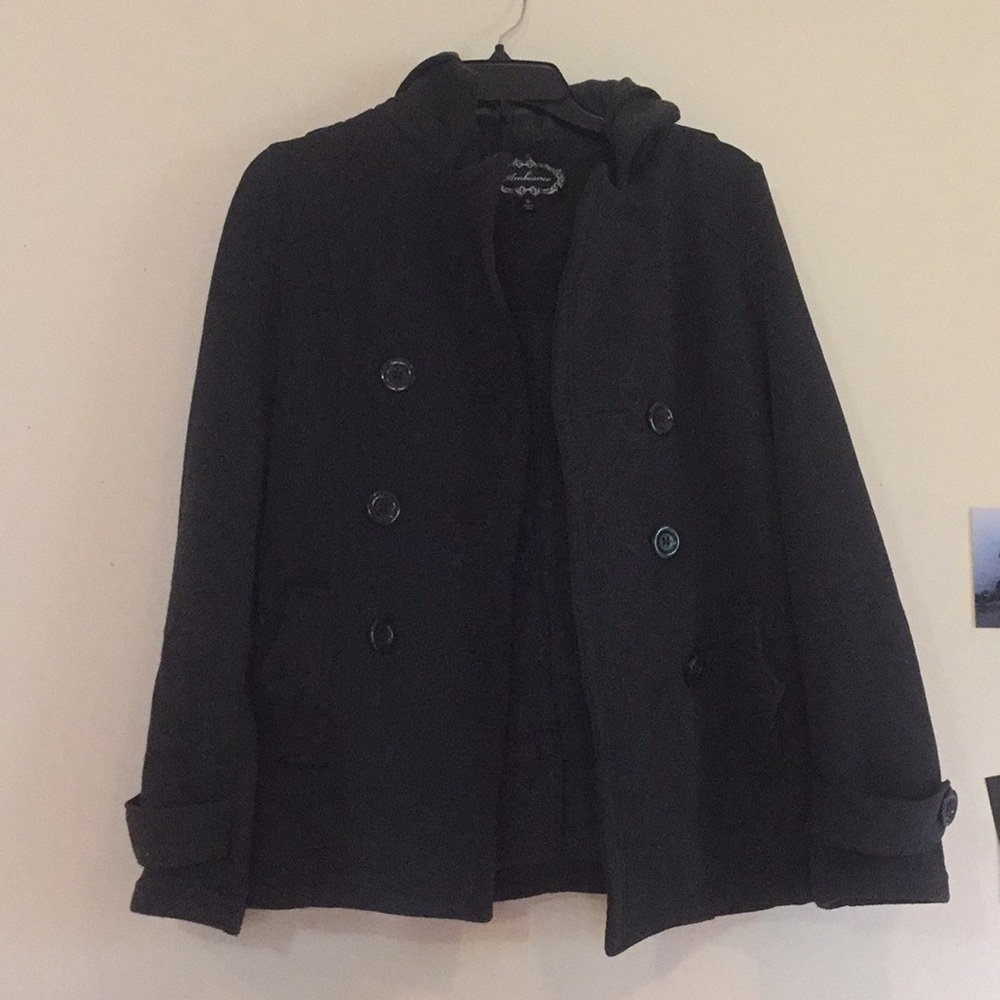 Dark grey coat with hood